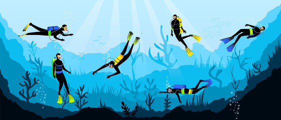 Wall Mural - Scuba divers swimming with aqualungs underwater of blue sea, ocean explore bottom with sea grass, coral reef in background, sunbeams light through cover of water. Flat vector illustration