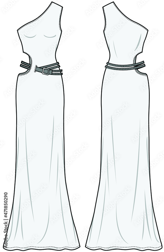 one shoulder dress sketch Fashion illustration by Nick Verreos of black and creme mini-polka dot silk satin one shoulder gown with side drape