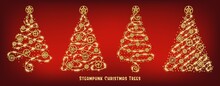 Set Of Golden Christmas Trees Made Of Gold Wire With Gears, Sparkles, Little Scattered Stars On A Red Background In Steampunk Style. Delicate Lacy Shapes With Loops. Vector Illustration