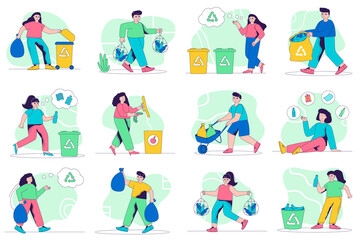 Leinwandbilder - Waste management concept isolated person situations. Collection of scenes with people collect garbage, sort different types of trash at bins, recycling. Mega set. Vector illustration in flat design