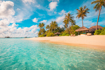 Aufkleber - Maldives island beach. Tropical landscape of summer scenery, white sand with palm trees. Luxury travel vacation destination. Exotic beach landscape. Amazing nature, relax, freedom nature resort coast