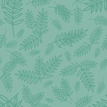 Blue- Green Branches With Leaves And Flowers Simple Drawing Seamless Pattern On Blue- Green Background