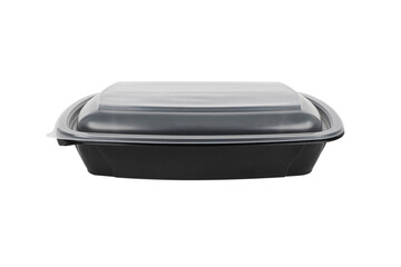 Disposable black plastic lunch box container isolated on white background. Plastic container isolated. Single-use plastic packaging