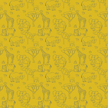Seamless Background. Drawn By Hand. An Elephant, Fat, Antelope, Hippopotamus, Rhinoceros Are Depicted. Can Be Used For Fabric, Wallpaper, Background, Wrapping Paper.