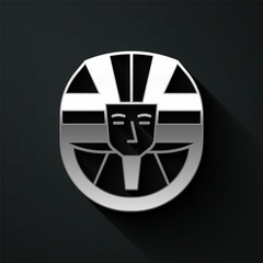 Sticker - Silver Egyptian pharaoh icon isolated on black background. Long shadow style. Vector