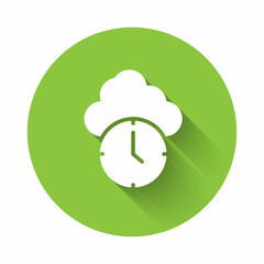 Wall Mural - White Clock icon isolated with long shadow background. Time symbol. Green circle button. Vector