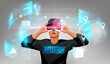 Metaverse digital cyber world technology, Man holding virtual reality glasses surrounded with futuristic interface 3d hologram data, vector illustration.