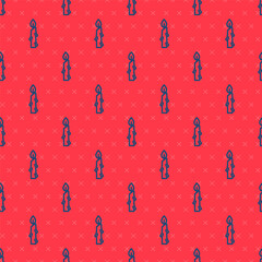 Blue line Burning candle icon isolated seamless pattern on red background. Cylindrical candle stick with burning flame. Vector