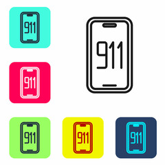 Canvas Print - Black line Mobile phone with emergency call 911 icon isolated on white background. Police, ambulance, fire department, call, phone. Set icons in color square buttons. Vector