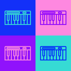 Sticker - Pop art line Music synthesizer icon isolated on color background. Electronic piano. Vector