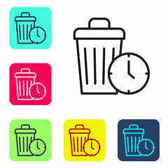 Wall Mural - Black line Waste of time icon isolated on white background. Trash can. Garbage bin sign. Recycle basket icon. Office trash icon. Set icons in color square buttons. Vector