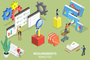 Wall Mural - 3d isometric flat vector conceptual illustration of requirements analysis, software producet develop