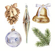 A set of watercolor illustrations of Christmas or New Year decorations in golden shades. Pine cone, bell with satin ribbon bows, icicle, ball, fir branch