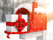 Mailbox And Gift Of Santa Claus With Bow And Ribbons. Gift For Christmas.
