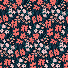 Seamless Pattern With A Flowering Meadow. Liberty Composition Of Various Small Flowers And Leaves On A Dark Background. Romantic Floral Print With Painted Plants. Vector.