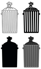 Wall Mural - Metal Garbage Can with Trash Bag Clipart Set - Outline, Silhouette and Color