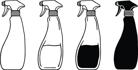 Wall Mural - Spray Bottle Cleaner Clipart Set - Outline and Silhouette