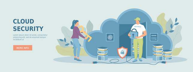 Wall Mural - Cloud security. Safe storage of personal data in the cloud. Strong password protection, authentication. Promotional web banner. Cartoon flat vector illustration with people characters.