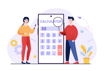 Wall Mural - concept of calculator app. man and girl consider finances of family. development of new programs, sm