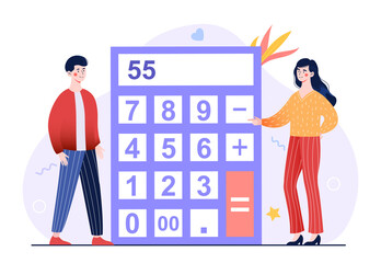 Wall Mural - concept of calculator app. man and girl consider finances of family. development of new programs, sm