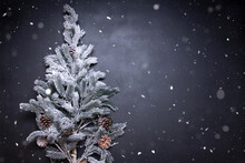 Beautiful Decorated Christmas Tree With A Lot Of Snow On Vintage Background