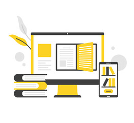 Wall Mural - digital library, online library. flat vector illustration. computer with open book on screen. mobile