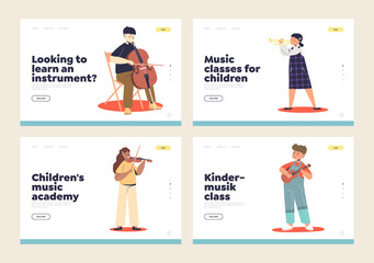 Wall Mural - Music classes and academy for children landing pages set with kids play on musical instruments