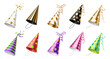 © Iryna Petrenko - Set of realistic colorful party hat. Cone headwear for celebration with dots, stripes and ribbons