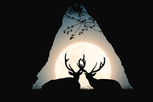Two Deers In Cave. Animal Family Silhouette. Full Moon In Night Sky