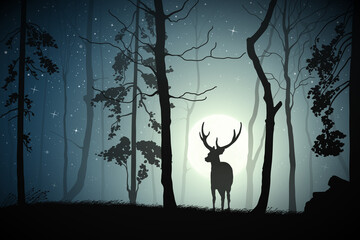 Poster - Lonely deer in misty forest. Animal silhouette. Tree in fog. Full moon