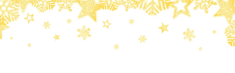 Wall Mural - Christmas decoration. Gold snowflakes and stars with glitter. Festive winter poster. Wide sparkling border for website or greeting card. Golden garland on white backdrop. Vector illustration