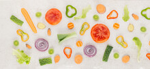 Colorful Vegetable Pattern Made Of Green Orange Pepper, Red Onion, Tomatoes, Lettuce, Leek, Carrot, Sweet Potato, Ginger And Kale On Marble Background. Minimal Flat Lay. Raw Organic Healthy Food Card.
