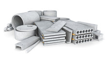 Concrete Goods Production: Road And Floor Slabs, Tube And Tunnel Elements, Concrete Pads And Piles Are Stacked Together, 3d Illustration