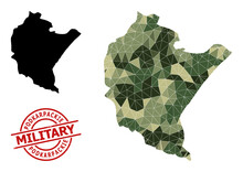 Low-Poly Mosaic Map Of Podkarpackie Province, And Distress Military Rubber Seal. Low-poly Map Of Podkarpackie Province Is Combined From Scattered Khaki Filled Triangles.