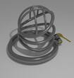 3D render of metal cock cage for BDSM play on white surface