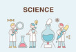 Cute scientists are standing with large experimental equipment. flat design style vector illustration.