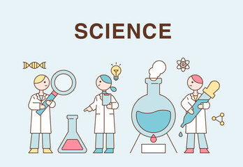 Wall Mural - cute scientists are standing with large experimental equipment. flat design style vector illustratio