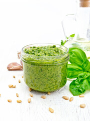 Poster - Pesto in glass jar on light board