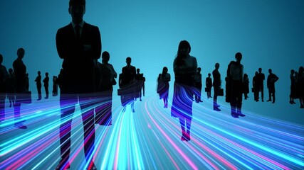Poster - Silhouette of multinational people and light wave concept. Human resources. Technology of business.
