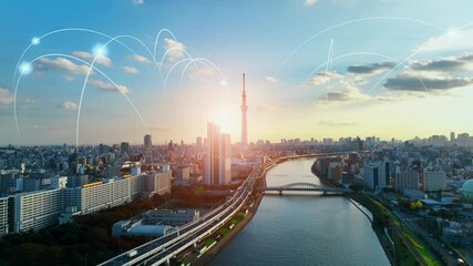 Fototapete - 都市とネットワーク　無線通信