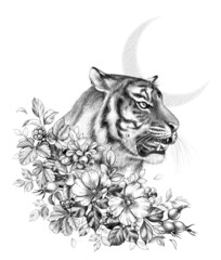 Monochrome Tiger with Wild Berries and Flowers