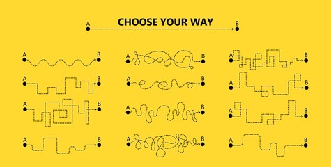 Wall Mural - Set of difficult and easy simple way process from start to end. Vector card illustration with path to success outline art concept. The road from point a to point b. Right and wrong way with messy line