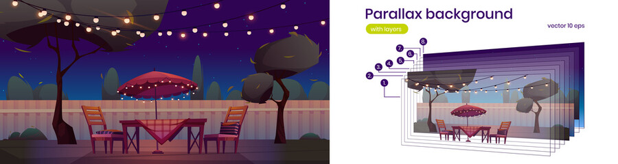 Wall Mural - Backyard with fence, table, chairs, umbrella, trees and garland at night. Vector parallax background for 2d animation with cartoon summer landscape of patio or garden with furniture for picnic on lawn