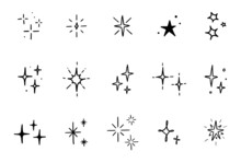 Line Star Glitter Shine Of Doodle Set. Star Shine Glow, Spark Glitter, Sparkle Light Vector Illustration. Hand Drawn Sketch Doodle Style.
