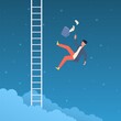 Failure and defeat. Man falling from sky. Goal too high. Businessman flying down. Employee dismissal and bankruptcy. Financial crisis. Person loses business and jobs. Vector concept