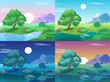 © YummyBuum - Different day times landscape. Morning and evening meadow with tree, lake and bushes. Soothing natural backgrounds. Sunrise and sunset scenery. Vector night or afternoon panorama set