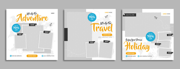 Holiday travel, traveling or summer beach travelling social media post or web banner template design. Tourism business marketing flyer or poster with abstract digital background, logo & icon.      