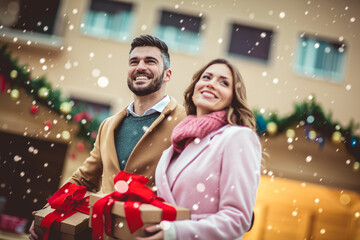 Young romantic couple holding gift box having fun outdoors in winter before Christmas.