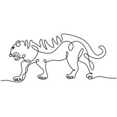 Wall Mural - Continuous one line drawing of Tiger sneaking isolated on white background.