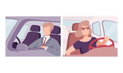 Poster - Man and Woman Driving Car Sitting at Driver Seat of Motor Vehicle Holding Hands on Steering Wheel Inside View Vector Set